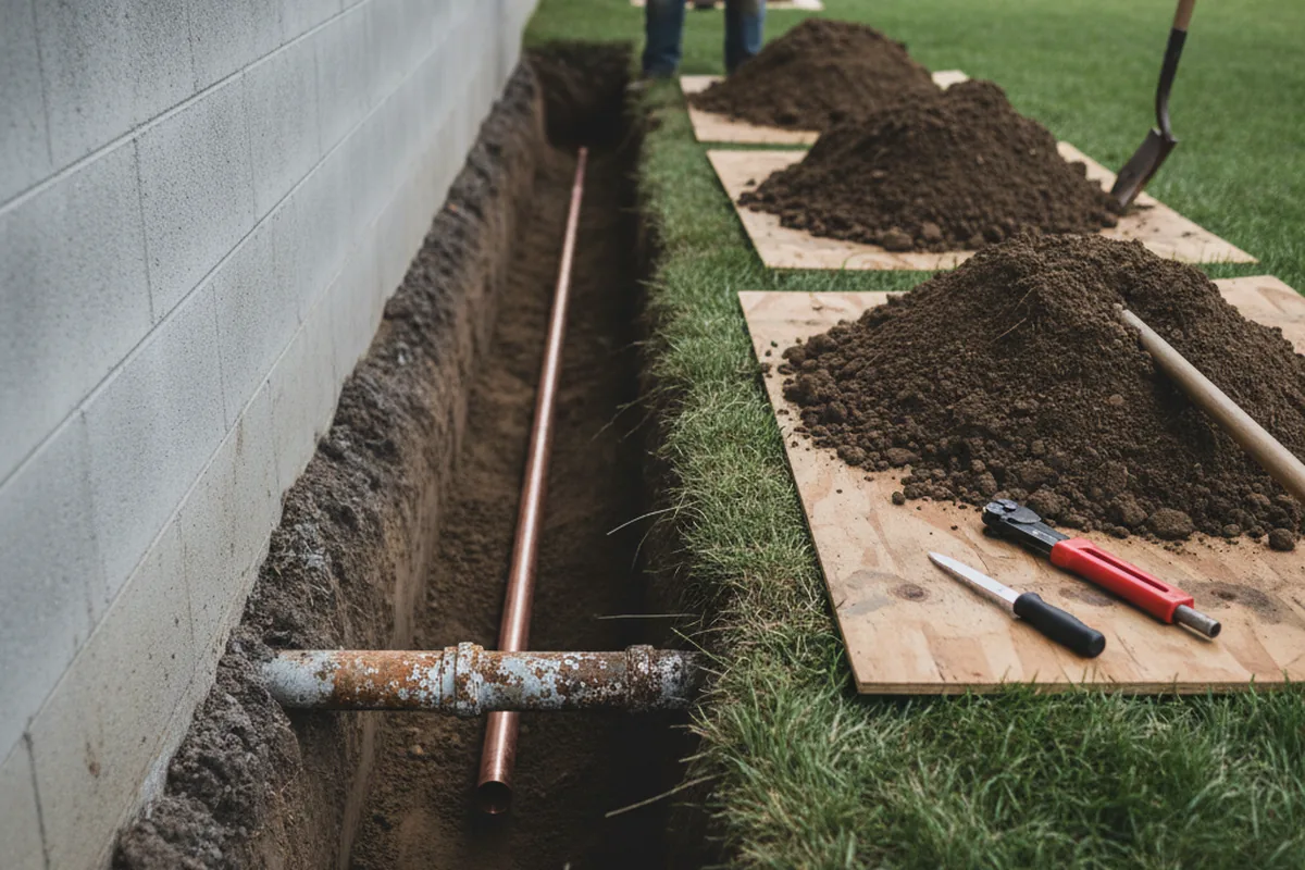 Excavated water line trench during Sewer Line Repair in El Cajon